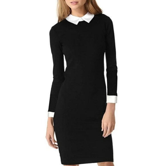 Dresses & Skirts - White Collared Black Long Sleeve Pencil Dress Sz Small New